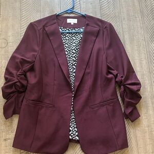 Skies Are Blue Burgundy Ruched-Sleeve Blazer